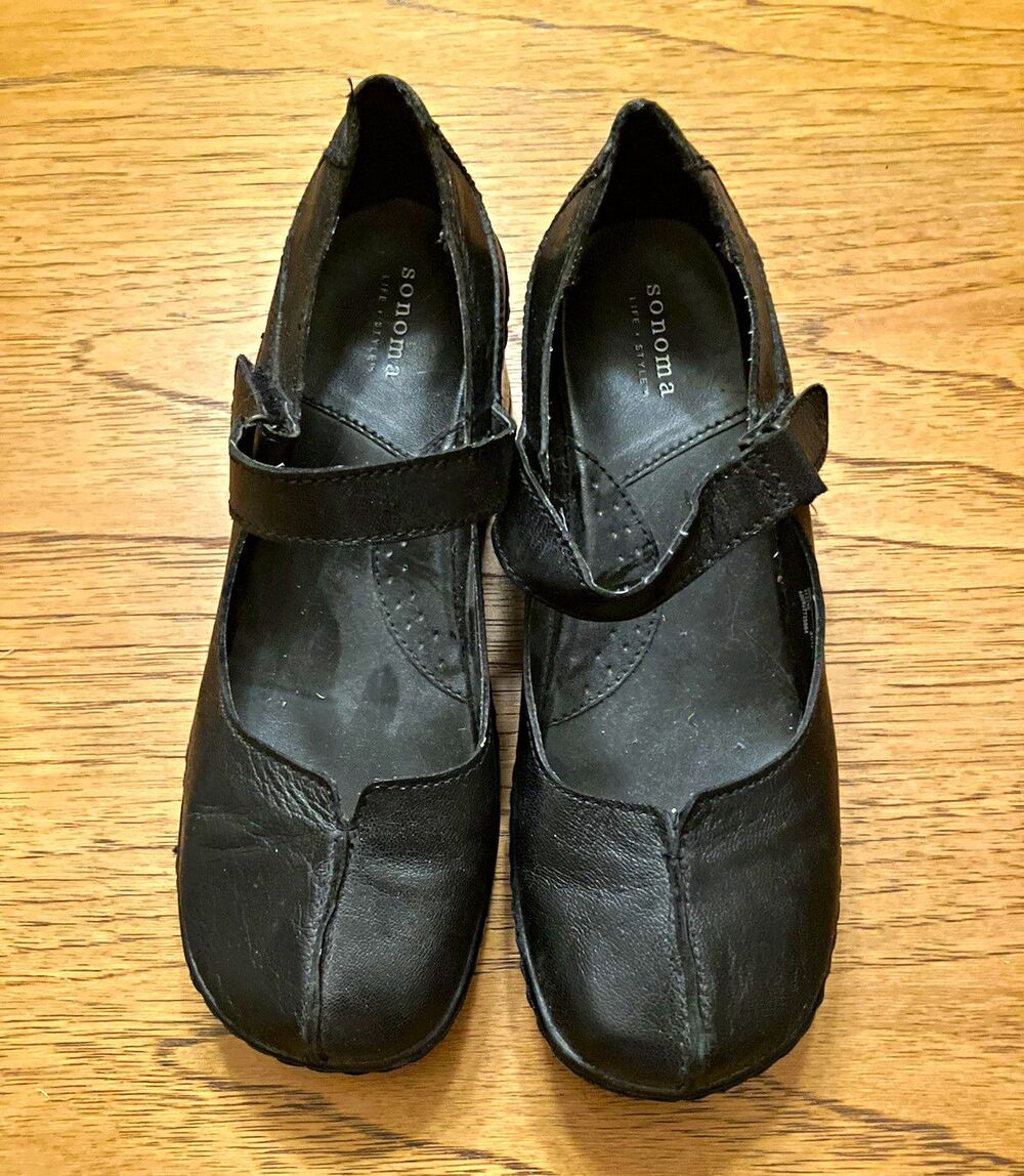 Sonoma Black Leather Mary Jane Wedge Heels Hook & Loop Strap Round Toe 8.5M
